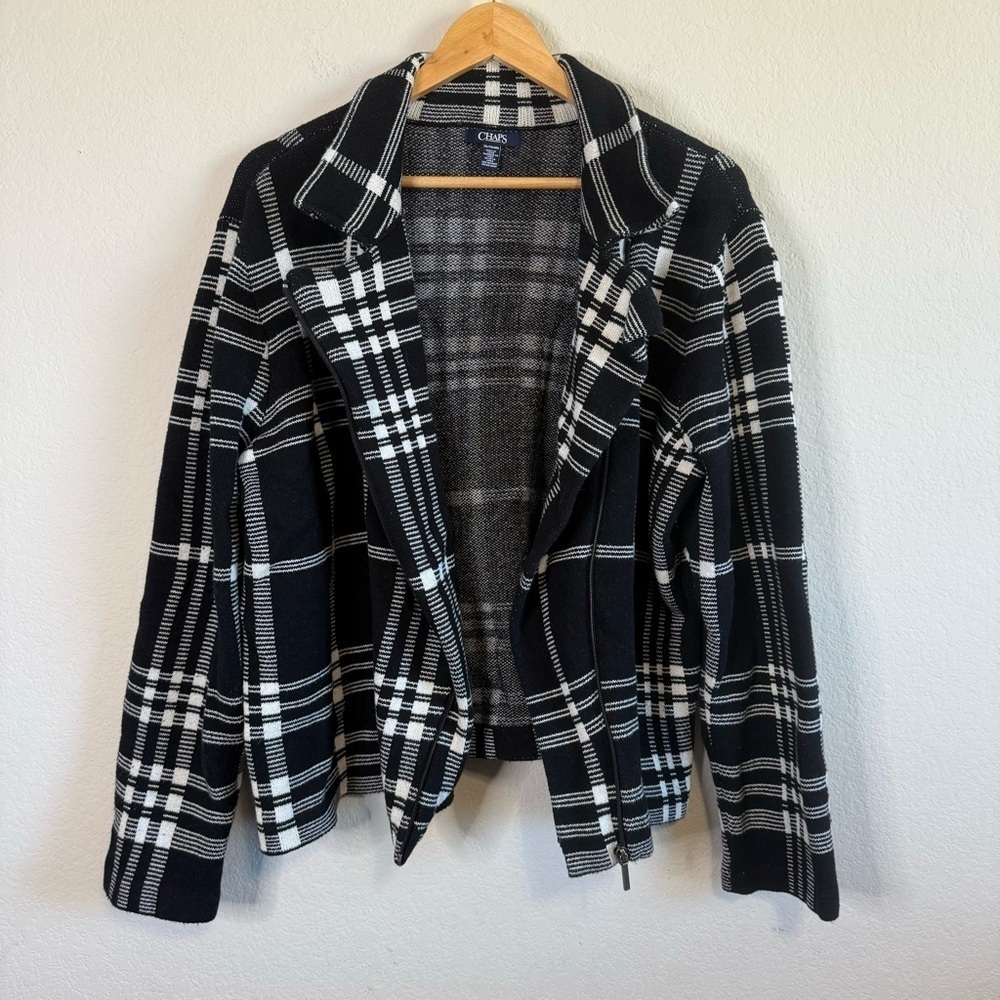 Chaps Black & White Grid Pattern Plaid Long Sleeve Knit Zip Up Jacket Blazer XXL